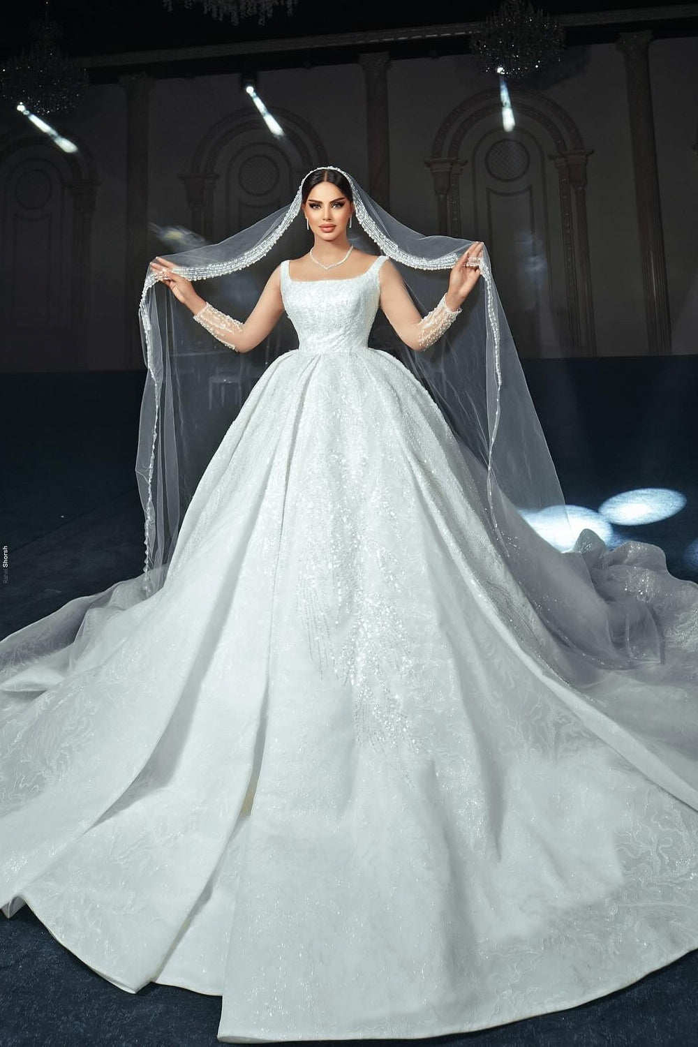 White square beaded ball gown wedding dress
