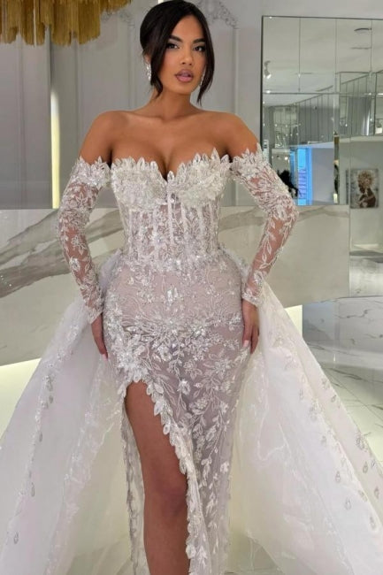 Charming White Column Sweetheart Off-The-Shoulder Long Sleeves Panel Train Lace Wedding Dresses With Slit