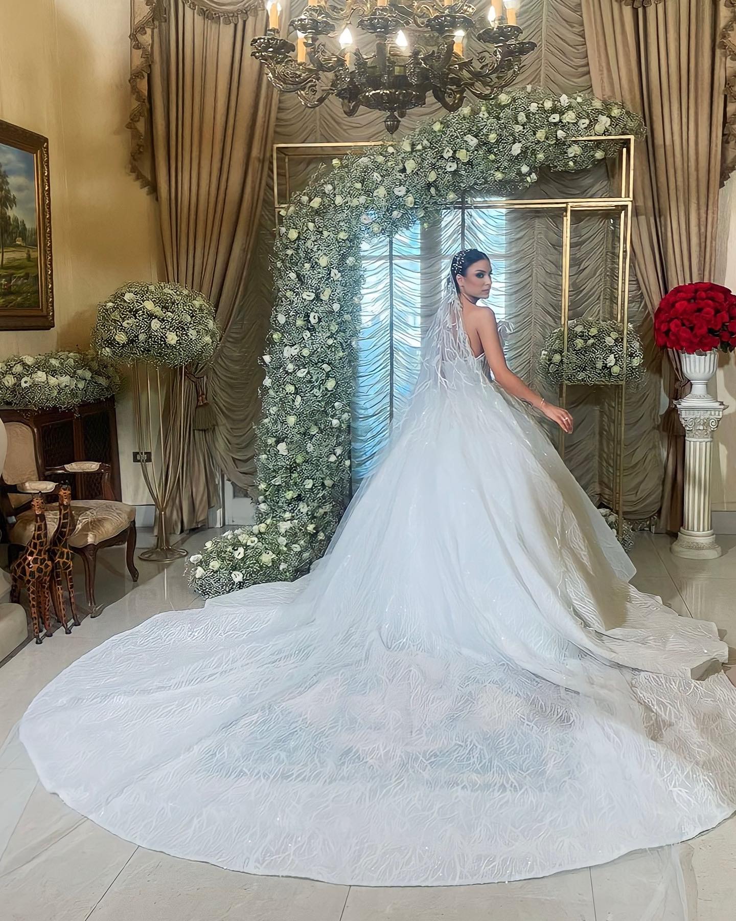 Charming White Lace Ball Gown Strapless Sleeveless Ruffles Sequined Cathedral Train Wedding Dress
