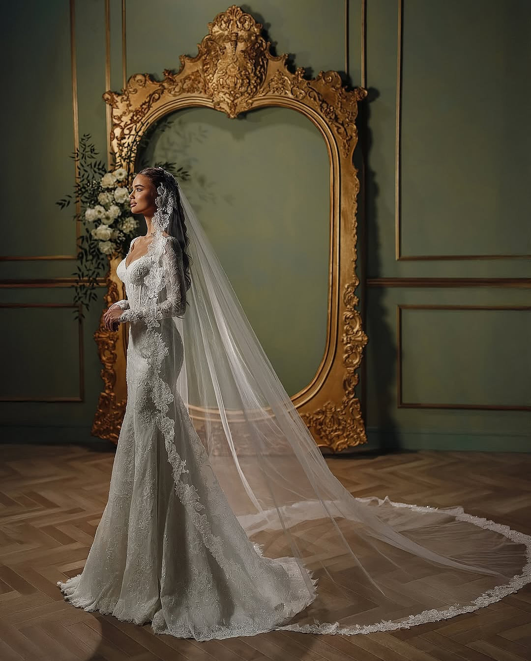 Charming White Mermaid V-Neck Long Sleeves Beaded Sweep Train Lace Wedding Dresses