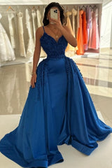 Charming Dark Blue V-Neck Spaghetti Strap A-Line Sleeveless Panel Train Satin Prom Evening Dresses With Handmake Flowers