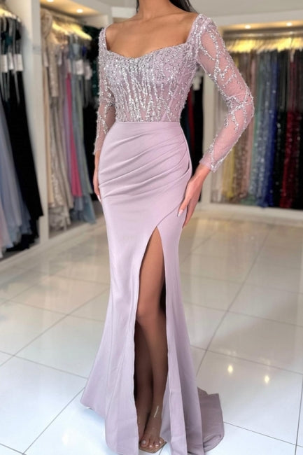 Charming Lilac Mermaid Square Long Sleeves Sequined Ruffle Long Satin Evening Dresses With Slit