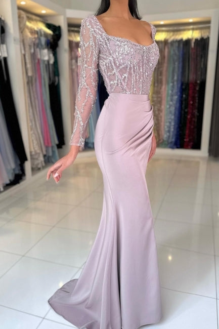 Charming Lilac Mermaid Square Long Sleeves Sequined Ruffle Long Satin Evening Dresses With Slit