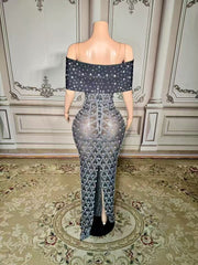 Charming Mermaid Spaghetti Strap Off-The-Shoulder Column Beaded Sleeveless Long Slit Tulle Evening Dresses With Rhinestones