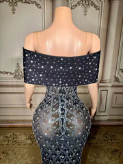 Charming Mermaid Spaghetti Strap Off-The-Shoulder Column Beaded Sleeveless Long Slit Tulle Evening Dresses With Rhinestones