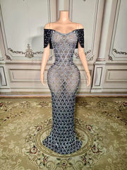 Charming Mermaid Spaghetti Strap Off-The-Shoulder Column Beaded Sleeveless Long Slit Tulle Evening Dresses With Rhinestones