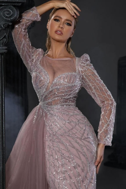 Charming Pink Mermaid Crew Beaded Long Sleeves Tulle Panel Train Long Evening Dresses