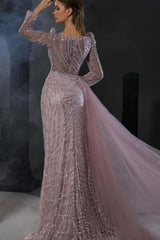 Charming Pink Mermaid Crew Beaded Long Sleeves Tulle Panel Train Long Evening Dresses