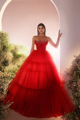 Charming Red A-Line Strapless Sequined Sleeveless Floor-Length Tulle Evening Dresses With Rhinestone