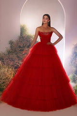 Charming Red A-Line Strapless Sequined Sleeveless Floor-Length Tulle Evening Dresses With Rhinestone