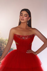 Charming Red A-Line Strapless Sequined Sleeveless Floor-Length Tulle Evening Dresses With Rhinestone