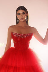 Charming Red A-Line Strapless Sequined Sleeveless Floor-Length Tulle Evening Dresses With Rhinestone
