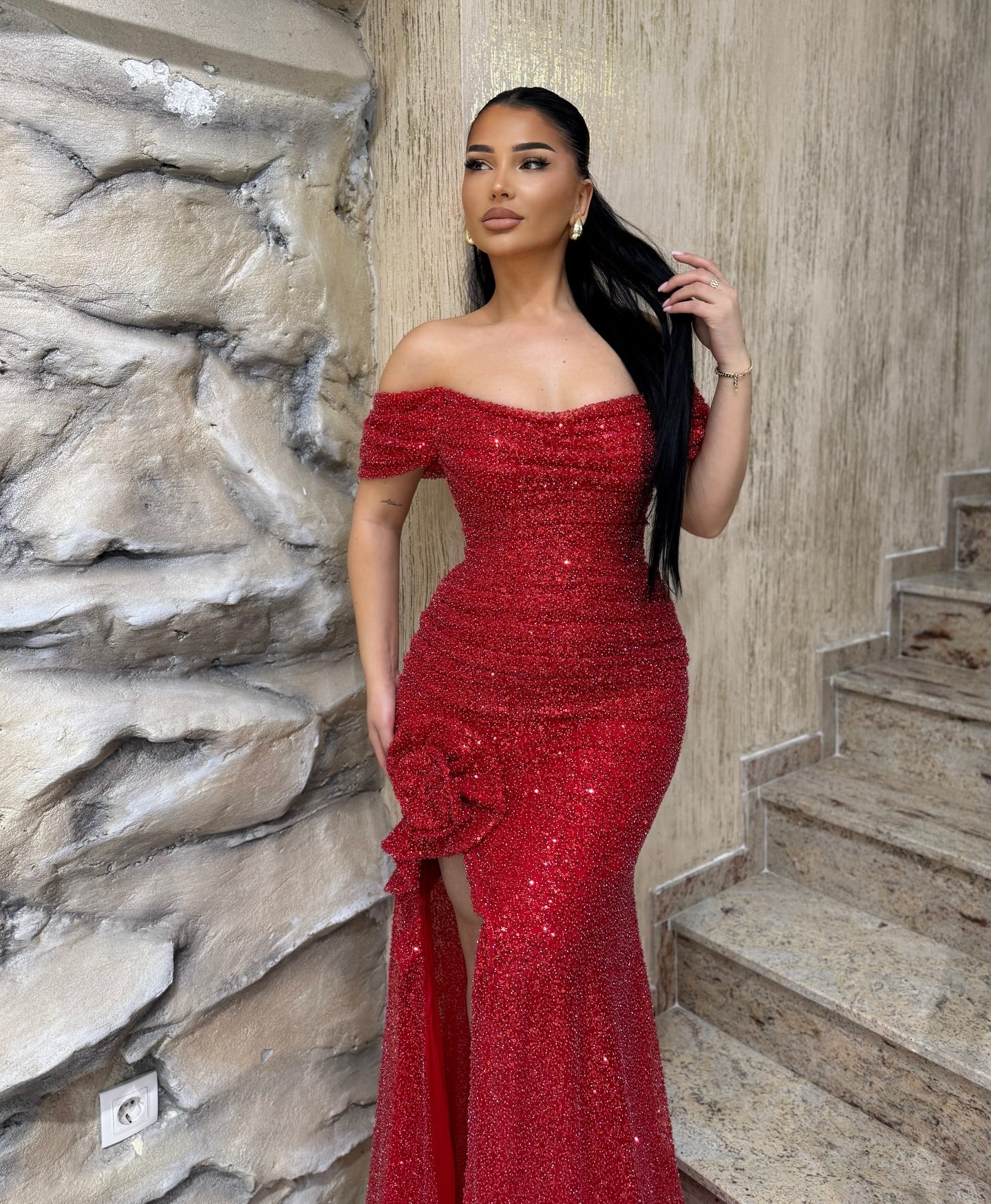 Charming Red Mermaid Off-The-Shoulder Strapless Beaded Floor-Length Formal Dress With Slit