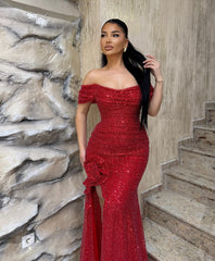 Charming Red Mermaid Off-The-Shoulder Strapless Beaded Floor-Length Formal Dress With Slit