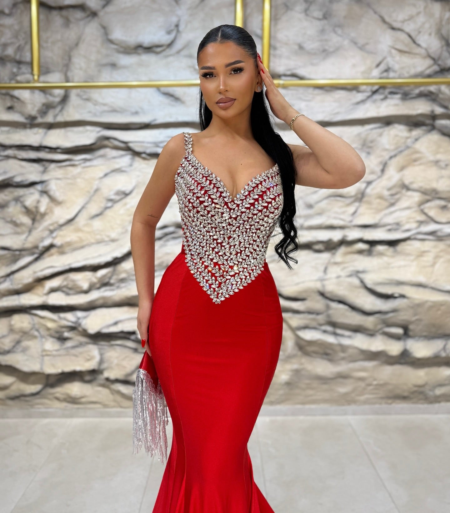 Charming Red Mermaid Spaghetti Straps Sleeveless Beaded Floor-Length Satin Formal Dress With Rhinestones