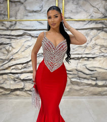 Charming Red Mermaid Spaghetti Straps Sleeveless Beaded Floor-Length Satin Formal Dress With Rhinestones