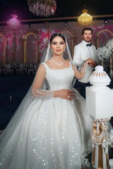 Charming White A-Line Square Spaghetti Strap Beaded Illusion Sleeves Sequined Ball Gown Long Satin Wedding Dresses With Ruffles