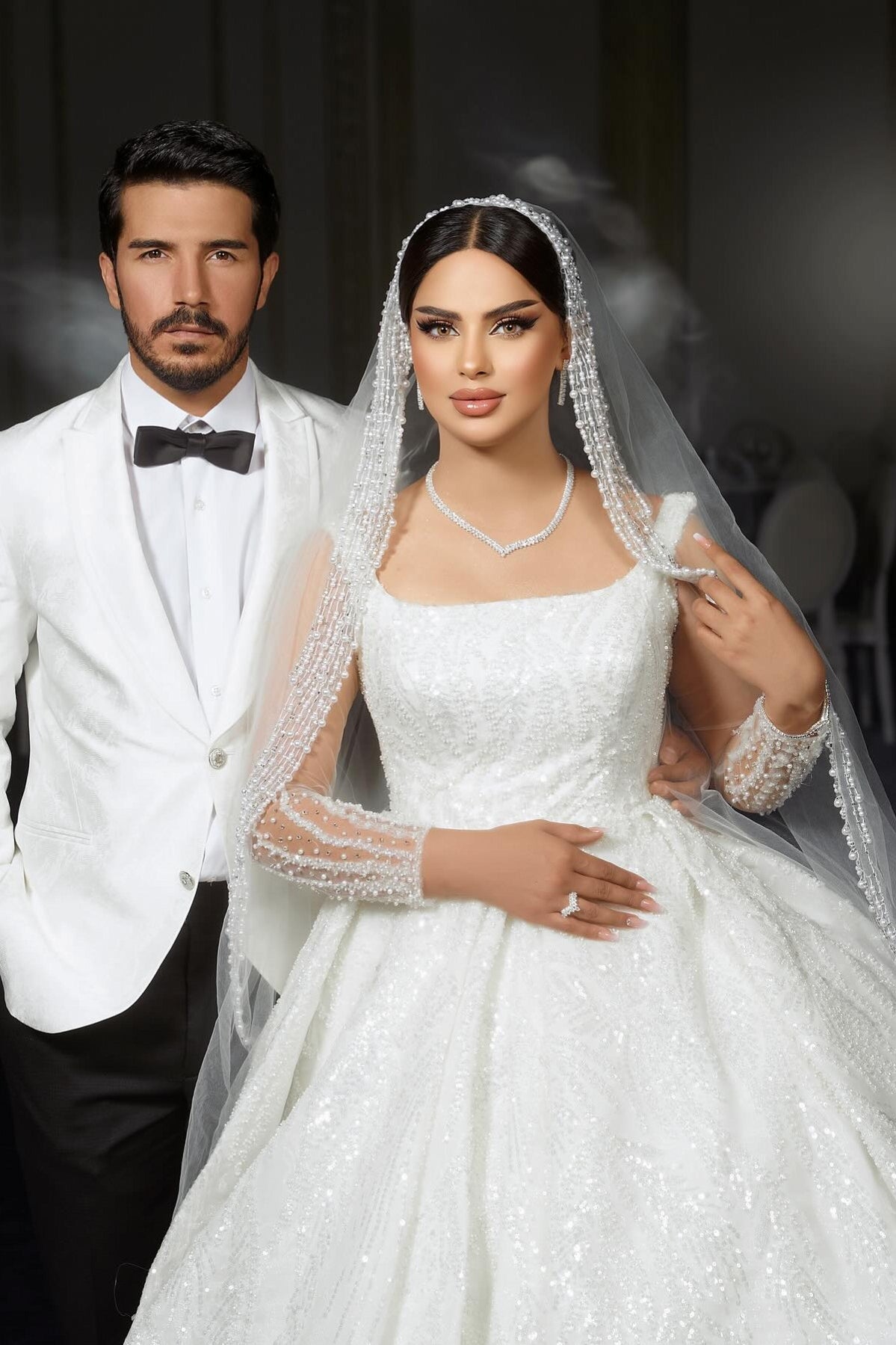 Charming White A-Line Square Spaghetti Strap Beaded Illusion Sleeves Sequined Ball Gown Long Satin Wedding Dresses With Ruffles