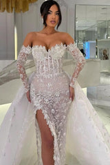 Charming White Column Sweetheart Off-The-Shoulder Long Sleeves Panel Train Lace Wedding Dresses With Slit