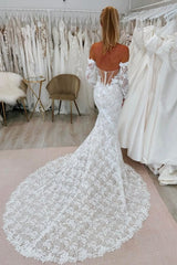 Charming White Lace Mermaid Sweetheart Off-The-Shoulder Long Sleeves Cathedral Train Wedding Dresses