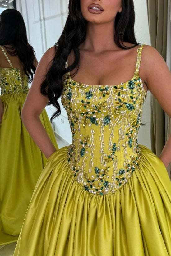 Chartreuse Satin Ball Gown Evening Dress Spaghetti Straps Sheer Beaded Corset Bodice Jewel Floral Embroidery Formal Gown with Pockets