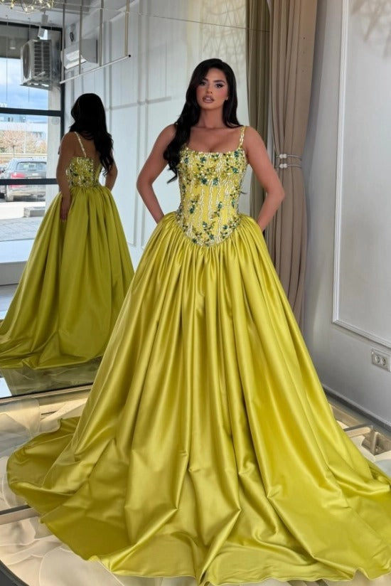 Chartreuse Satin Ball Gown Evening Dress Spaghetti Straps Sheer Beaded Corset Bodice Jewel Floral Embroidery Formal Gown with Pockets