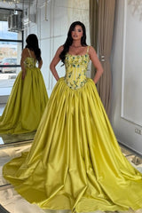 Chartreuse Satin Ball Gown Evening Dress Spaghetti Straps Sheer Beaded Corset Bodice Jewel Floral Embroidery Formal Gown with Pockets