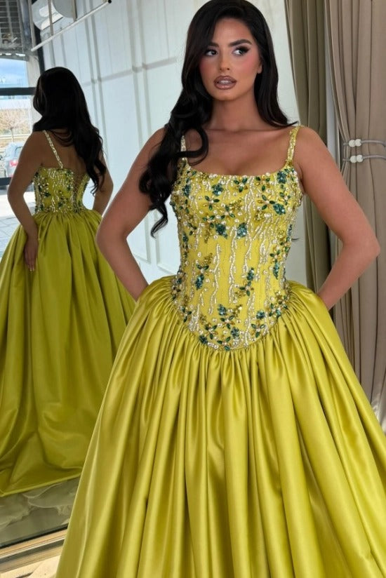 Chartreuse Satin Ball Gown Evening Dress Spaghetti Straps Sheer Beaded Corset Bodice Jewel Floral Embroidery Formal Gown with Pockets