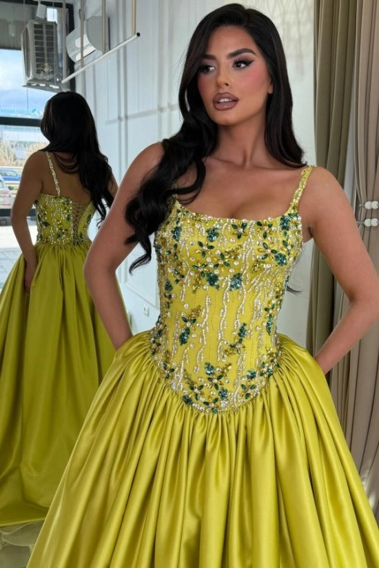 Chartreuse Satin Ball Gown Evening Dress Spaghetti Straps Sheer Beaded Corset Bodice Jewel Floral Embroidery Formal Gown with Pockets