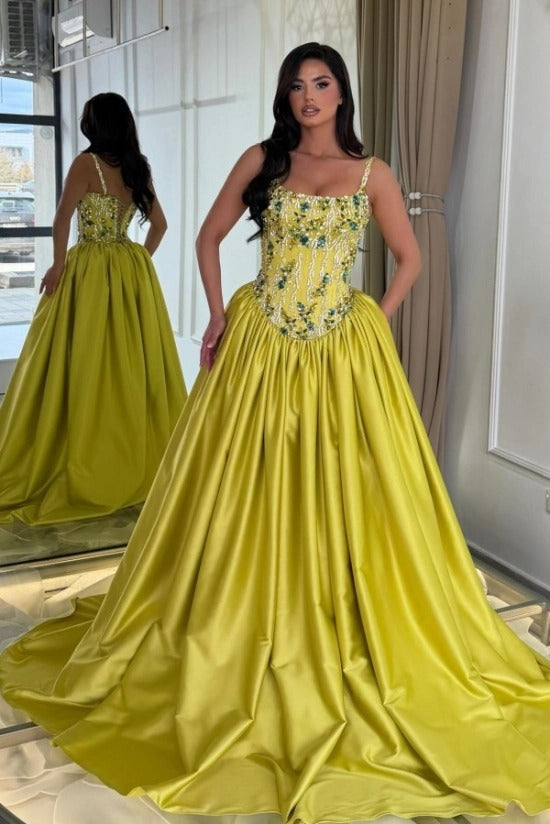 Chartreuse Satin Ball Gown Evening Dress Spaghetti Straps Sheer Beaded Corset Bodice Jewel Floral Embroidery Formal Gown with Pockets
