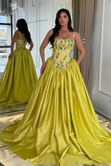 Chartreuse Satin Ball Gown Evening Dress Spaghetti Straps Sheer Beaded Corset Bodice Jewel Floral Embroidery Formal Gown with Pockets