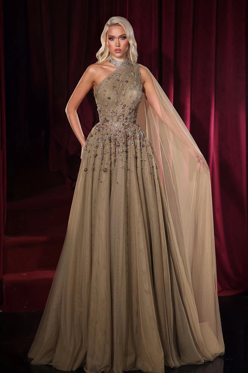 Chic A-Line High-Neck One-Shoulder Cap Sleeve Beaded Floor-Length Tulle Evening Dress With Rhinestones