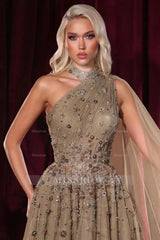 Chic A-Line High-Neck One-Shoulder Cap Sleeve Beaded Floor-Length Tulle Prom Dress With Rhinestones