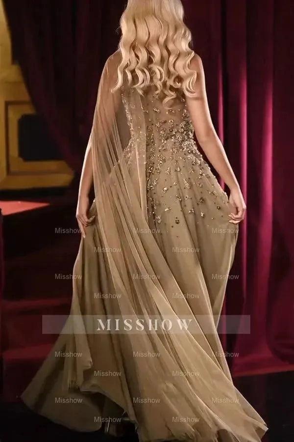 Chic A-Line High-Neck One-Shoulder Cap Sleeve Beaded Floor-Length Tulle Prom Dress With Rhinestones