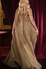 Chic A-Line High-Neck One-Shoulder Cap Sleeve Beaded Floor-Length Tulle Evening Dress With Rhinestones