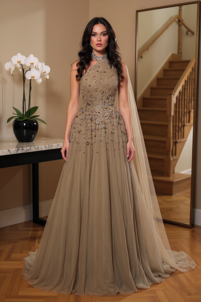 Chic A-Line High-Neck One-Shoulder Cap Sleeve Beaded Floor-Length Tulle Prom Dress With Rhinestones