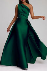 Chic A-Line One-shoulder Sleeveless Panel Train Satin Floor-Length Simple Evening Dresses