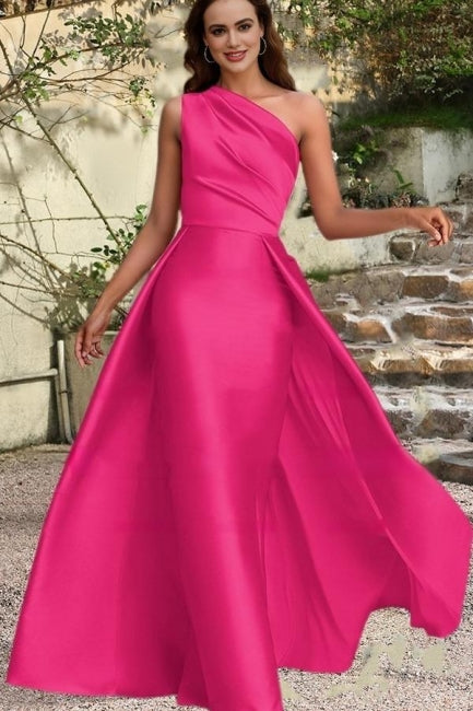 Chic A-Line One-shoulder Sleeveless Panel Train Satin Floor-Length Simple Evening Dresses