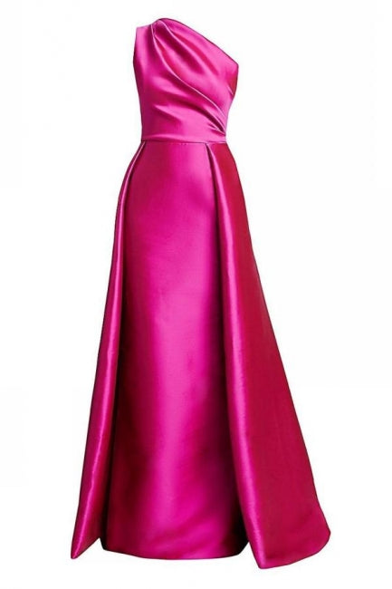 Chic A-Line One-shoulder Sleeveless Panel Train Satin Floor-Length Simple Evening Dresses