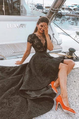 Chic Black A-Line Crew Beaded Lace Sleeveless Hi-Lo Floor-Length Evening Dresses