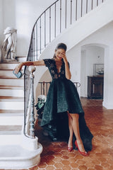 Chic Black A-Line Crew Beaded Lace Sleeveless Hi-Lo Floor-Length Evening Dresses