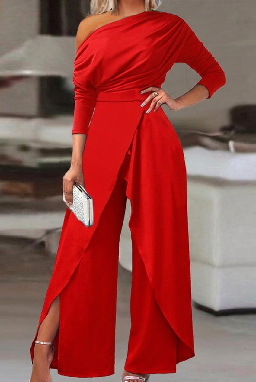 Red asymmetrical wide-leg niche daily women's jump suit