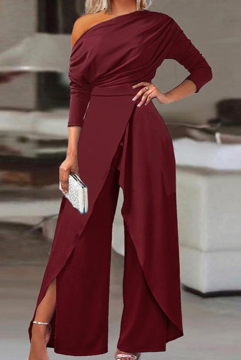 Wine red asymmetrical wide-leg niche daily women's jump suit