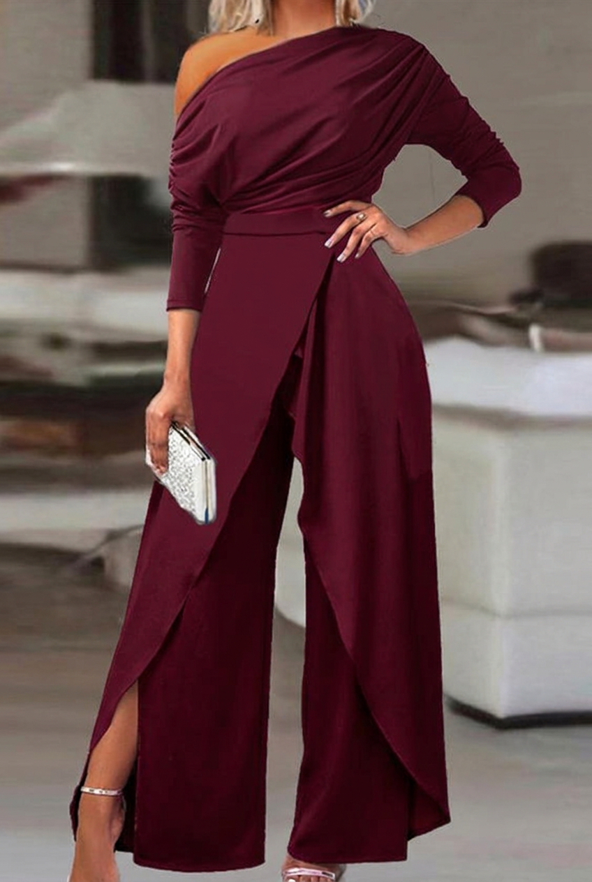 Burgundy asymmetrical wide-leg niche daily women's jump suit