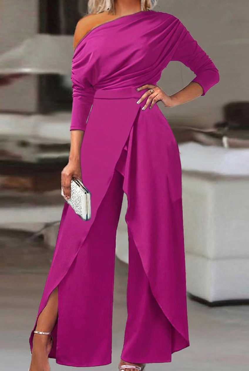 Fuchsia asymmetrical wide-leg niche daily women's jump suit