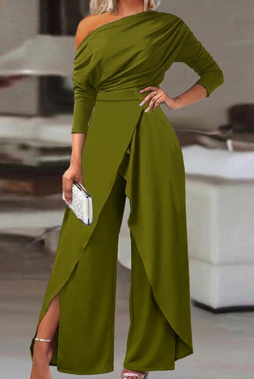 Olive green asymmetrical wide-leg niche daily women's jump suit