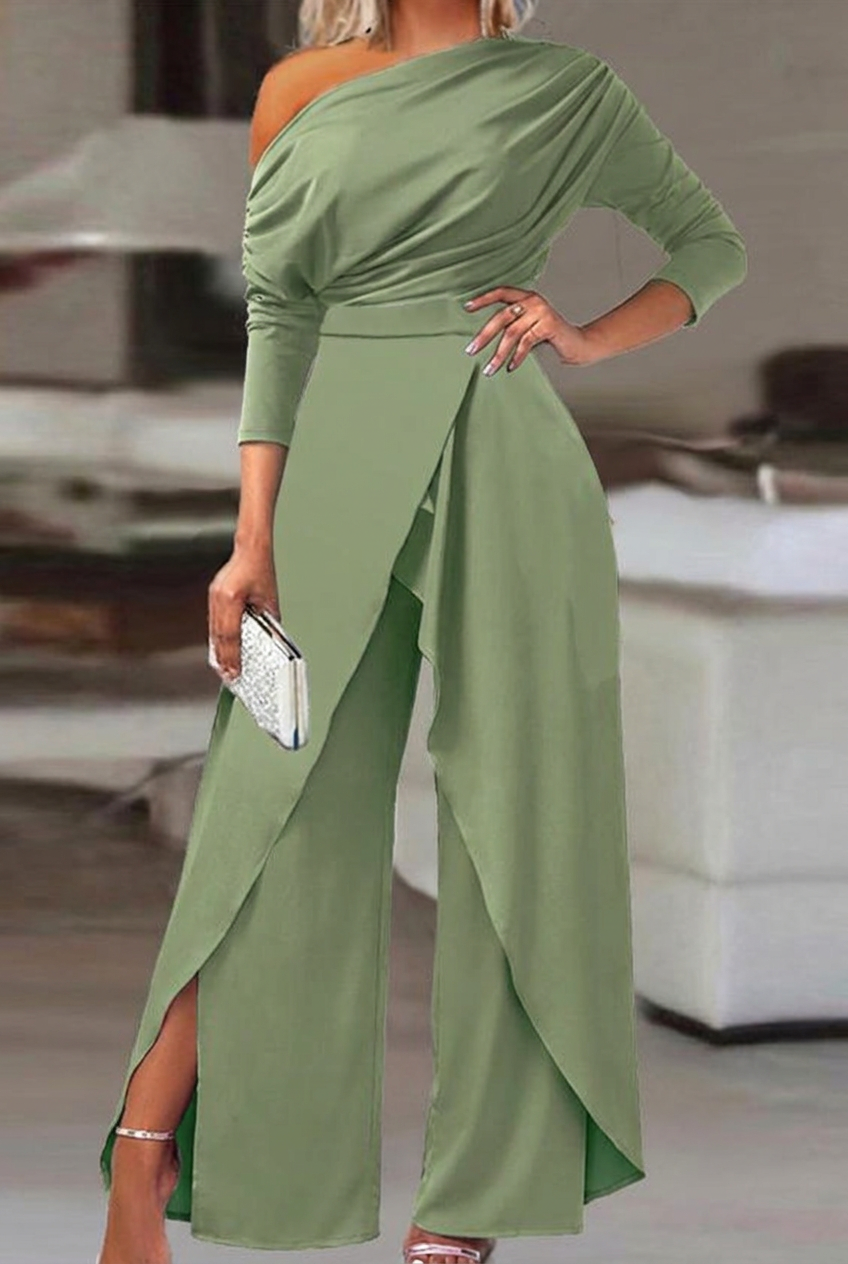 Sage green asymmetrical wide-leg niche daily women's jump suit