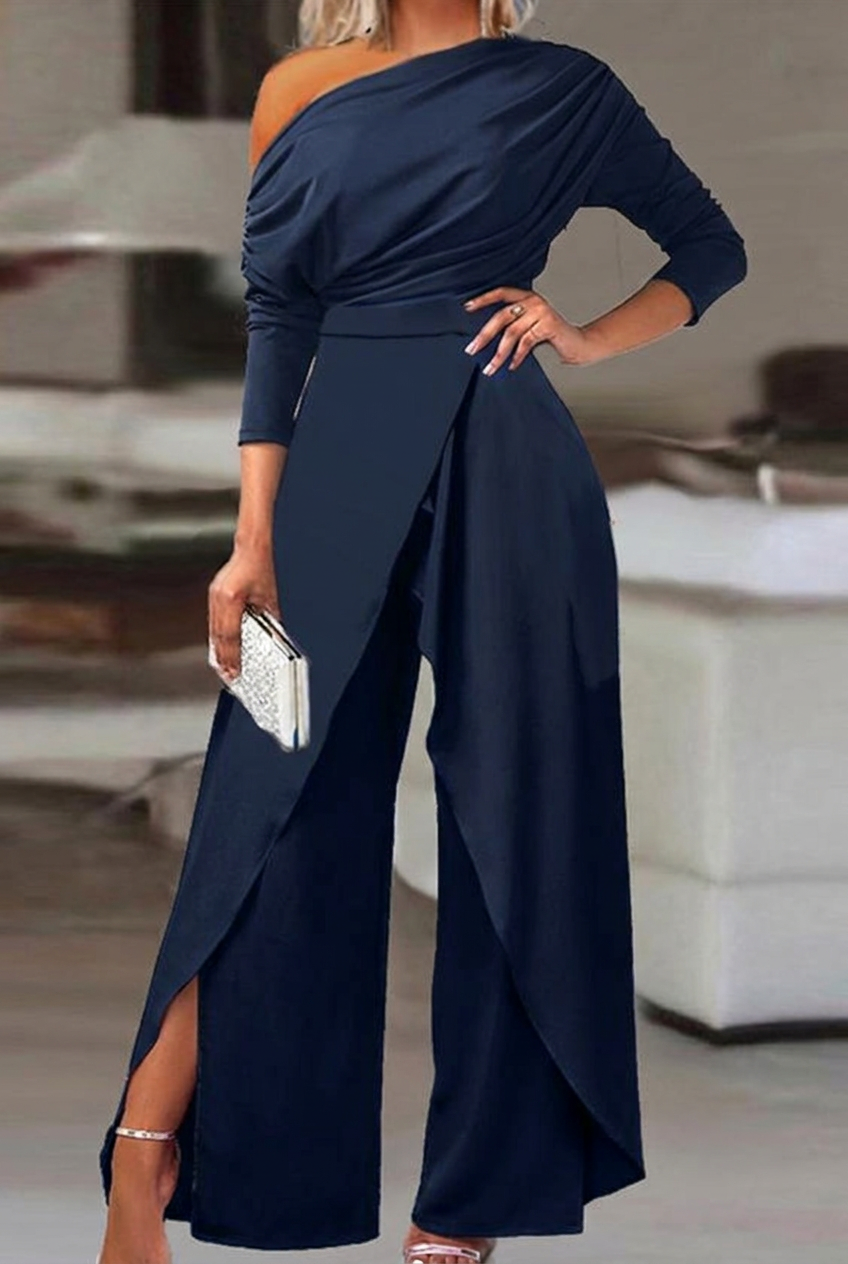 Navy blue asymmetrical wide-leg niche daily women's jump suit