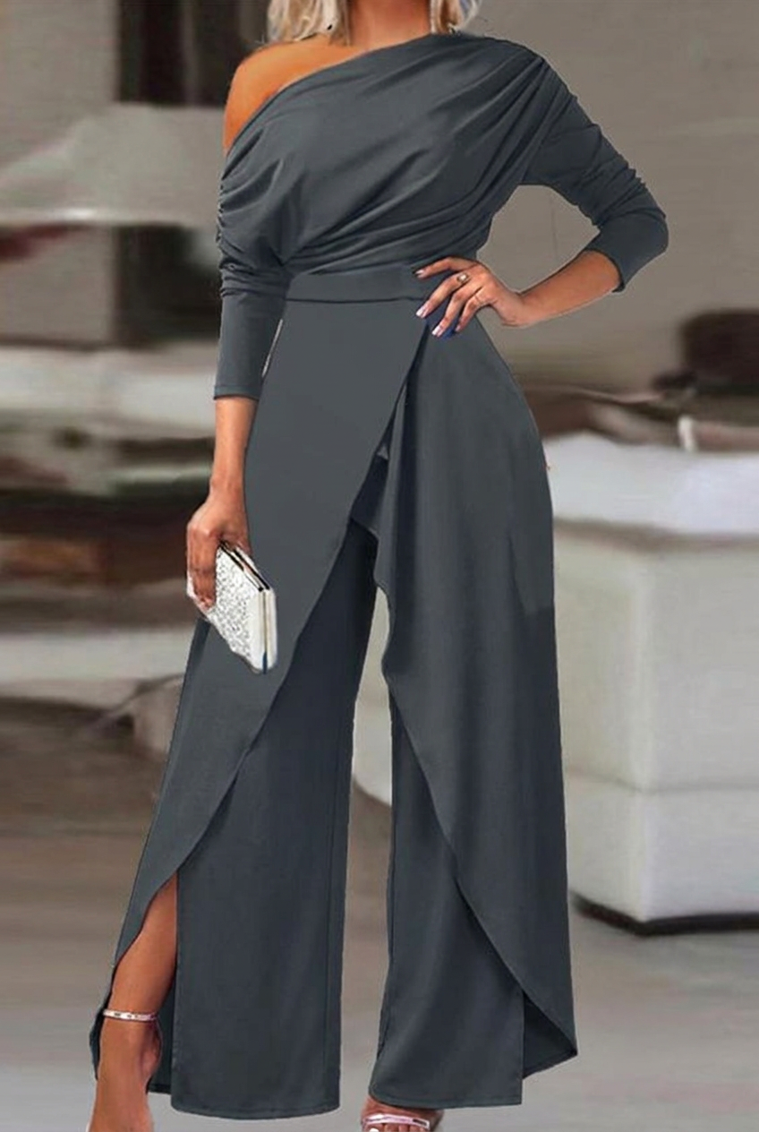 Charcoal gray asymmetrical wide-leg niche daily women's jump suit