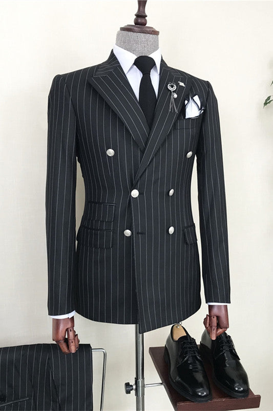 Chic Black Double-Breasted Peak Lapel Business Suit for Men